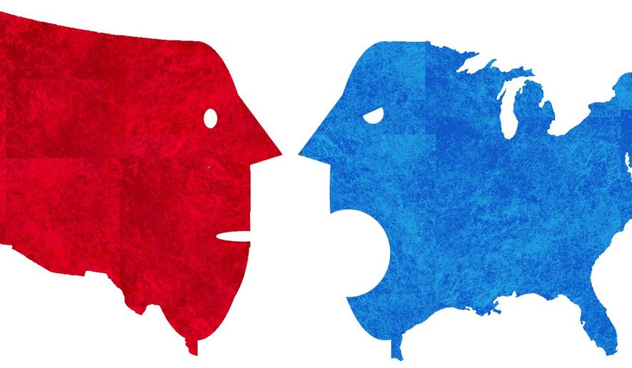 Illustration on a divided America by Alexander Hunter/The Washington Times
