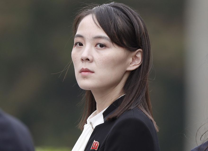 FILE - In this March 2, 2019, file photo, Kim Yo Jong, sister of North Korea's leader Kim Jong Un attends a wreath-laying ceremony at Ho Chi Minh Mausoleum in Hanoi, Vietnam. In her first known official statement, Kim Jong Un on Tuesday, March 3, 2020, leveled diatribes and insults on South Korea for protesting over her country's latest live-fire exercises. Believed to be in her early 30s, Kim Yo Jong is in charge of propaganda affairs and has frequently appeared at her brother’s major public events including summits with U.S. President Donald Trump and other regional leaders. (Jorge Silva/Pool Photo via AP, File)