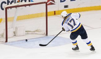 St. Louis Blues left wing Jaden Schwartz scores a goal on an empty net during final seconds of the third period of an NHL hockey game against the New York Rangers, Tuesday, March 3, 2020, at Madison Square Garden in New York. The Blues won 3-1. (AP Photo/Mary Altaffer)