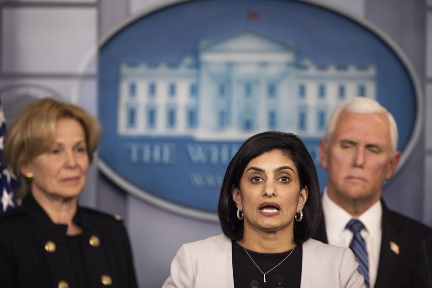 Administrator of the Centers for Medicare and Medicaid Services Seema Verma, with White House coronavirus response coordinator Dr. Deborah Birx, left, and Vice President Mike Pence, speaks to reporters in the Brady press briefing room of the White House, Monday, March 2, 2020, in Washington. (AP Photo/Manuel Balce Ceneta)
