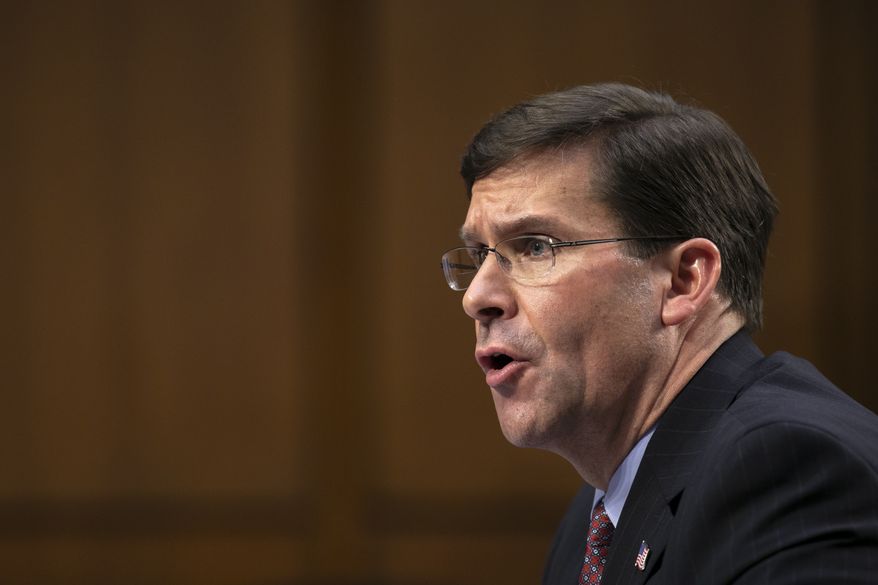 Defense Secretary Mark Esper testifies to the Senate Armed Services Committee about the budget, Wednesday, March 4, 2020, on Capitol Hill in Washington. (AP Photo/Jacquelyn Martin)