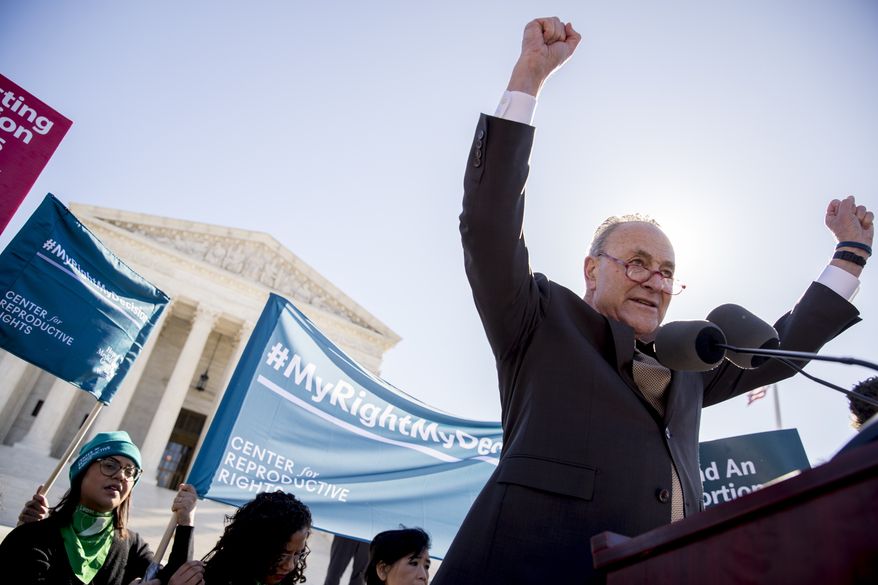 Senate Minority Leader Sen. Chuck Schumer of N.Y. speaks to abortion rights demonstrators at a rally outside the Supreme Court, in Washington, Wednesday, March 4, 2020, as the court takes up the first major abortion case of the Trump era Wednesday, an election-year look at a Louisiana dispute that could reveal how willing the more conservative court is to roll back abortion rights. (AP Photo/Andrew Harnik)