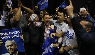 Israeli Prime Minister Benjamin Netanyahu&#39;s supporters celebrate first exit poll results for the Israeli elections at his party&#39;s headquarters in Tel Aviv, Israel, Monday, March 2, 2020. (AP Photo/Ariel Schalit)