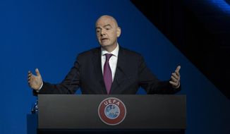 FIFA President Gianni Infantino addresses a meeting of European soccer leaders at the congress of the UEFA governing body in Amsterdam&#39;s Beurs van Berlage, Netherlands, Tuesday, March 3, 2020. (AP Photo/Peter Dejong)