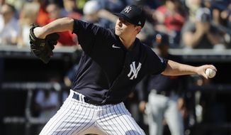 New York Yankees&#39; Zack Britton delivers a pitch during the sixth inning of a spring training baseball game against the Detroit Tigers Saturday, Feb. 29, 2020, in Tampa, Fla. (AP Photo/Frank Franklin II)