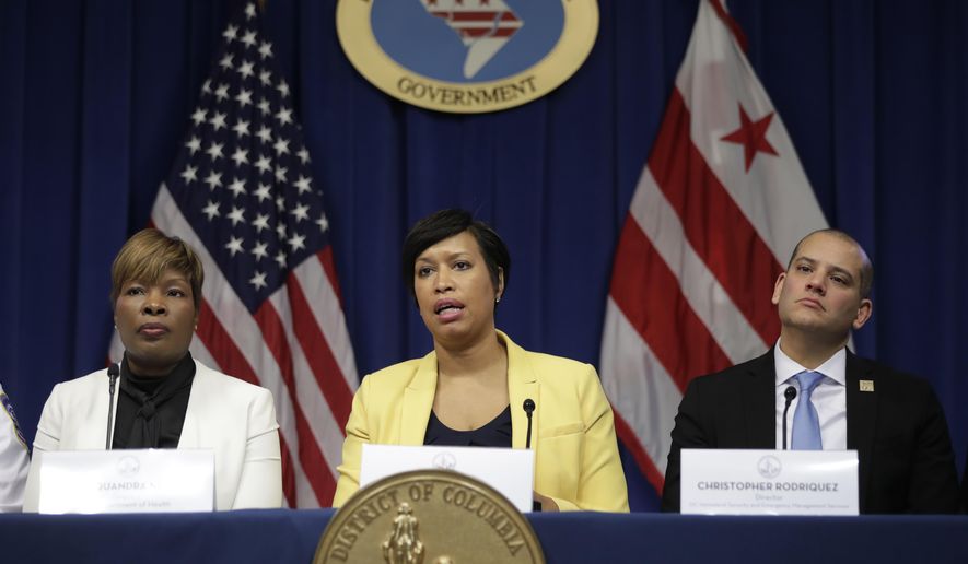 District of Columbia Mayor Muriel Bowser, center, speaks as Dr. LaQuandra S. Nesbitt, Director, DC Department of Health, left, and Christopher Rodriguez, Director, DC Homeland Security and Emergency Management Services, right, listen during a news conference about the District&#x27;s monitoring, preparation, and response to the coronavirus, technically known as COVID-19, Tuesday, March 3, 2020, in Washington. (AP Photo/Luis M. Alvarez) **FILE**