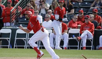 Los Angeles Angels&#39; Anthony Rendon singles during the fourth inning of a spring training baseball game against the San Diego Padres, Thursday, Feb. 27, 2020, in Tempe, Ariz. (AP Photo/Darron Cummings) **FILE**