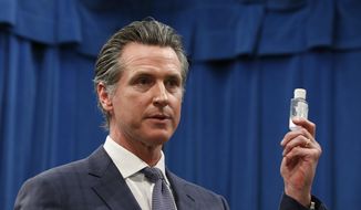 California Gov. Gavin Newsom displays a bottle of hand sanitizer while saying the state would take action against price gouging because of the coronavirus, at a Capitol news conference in Sacramento, Calif., Wednesday, March 4, 2020. In the aftermath of the first California resident to die from the coronavirus, Newsom declared a state declared a statewide emergency to deal with the virus. (AP Photo/Rich Pedroncelli) ** FILE **