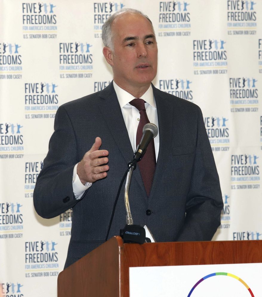 Sen. Bob Casey, D-Pa., makes a point during his speech detailing the Five Freedoms for America&#39;s Children at the Children&#39;s Service Center of Wyoming Valley Friday Morning March 6, 2020, in Wilkes Barre Pa.  (Dave Scherbenco/The Citizens&#39; Voice via AP) ** FILE **