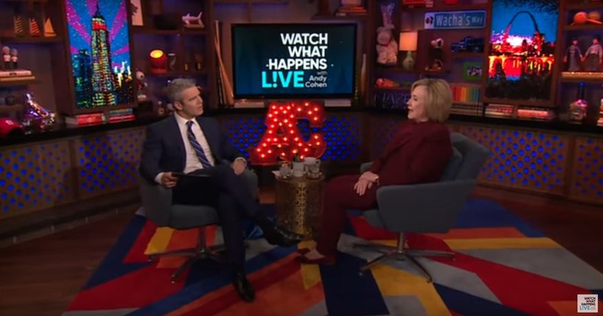 Hillary Clinton speculated about what she believes President Trump is "hiding" in the tax returns he refuses to release to Congress during the after-show segment of Bravo's "Watch What Happens Live" on March 5, 2020. (Bravo)