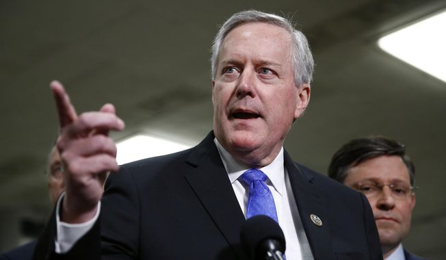 In this Jan. 29, 2020, file photo, then-Rep. Mark Meadows, R-N.C., speaks with reporters on Capitol Hill in Washington. (AP Photo/Patrick Semansky, File)