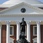 In this Aug. 6, 2018, file photo, a statue of Thomas Jefferson stands in front of the Rotunda on the campus of the University of Virginia in Charlottesville, Va. (AP Photo/Steve Helber, File)