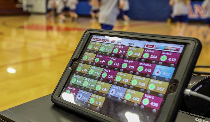 An Ipad shows activity from the students during Physical Education class recently in the gym at Argenta-Oreana Middle School in Argenta, Ill. (Clay Jackson/Herald & Review via AP)