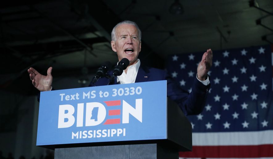 Democratic presidential candidate and former Vice President Joe Biden speaks at Tougaloo College in Tougaloo, Miss., Sunday, March 8, 2020. (AP Photo/Rogelio V. Solis)