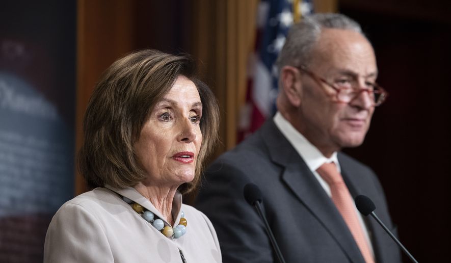 In this Tuesday, Feb. 11, 2020, file photo, House Speaker Nancy Pelosi, of California, joined by Senate Minority Leader Chuck Schumer of N.Y., speaks during a news conference, on Capitol Hill, in Washington.  (AP Photo/Alex Brandon, File)  **FILE**