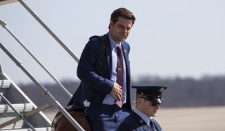 Rep. Matt Gaetz, R-Fla., steps off Air Force One upon arrival Monday, March 9, 2020, at Andrews Air Force Base, Md. (AP Photo/Alex Brandon) ** FILE **