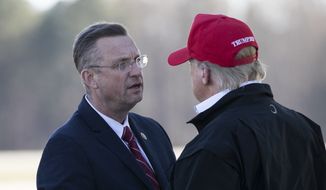 Rep. Doug Collins, R-Ga., left, greets President Donald Trump as he steps off Air Force One during arrival, Friday, March 6, 2020, at Dobbins Air Reserve Base in Marietta, Ga. (AP Photo/Alex Brandon)