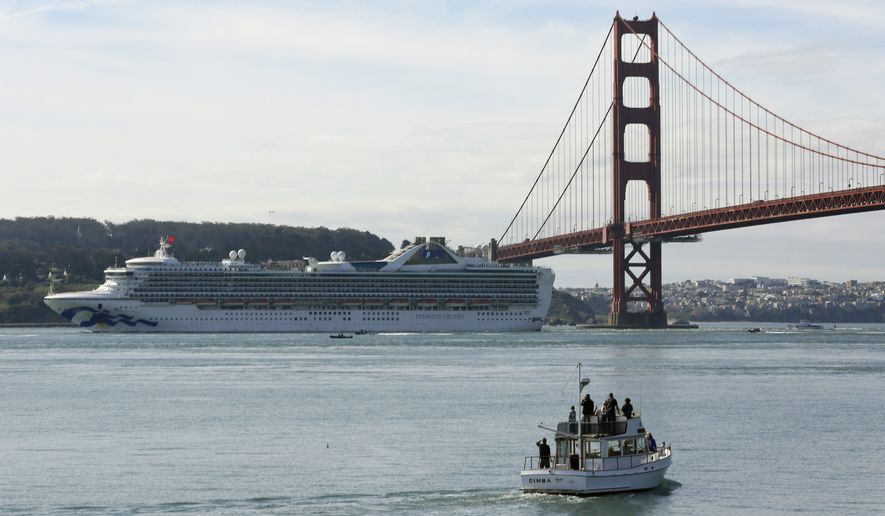 People watch from a boat as the The Grand Princess cruise ship passes the Golden Gate Bridge Monday, March 9, 2020, in this view from Sausalito, Calif. The cruise ship carrying at least 21 people infected with the coronavirus has passed under the bridge as federal and state officials in California prepared to receive thousands of people on the ship that has been idling off the coast of San Francisco. Personnel covered head to toe in protective gear Monday woke up passengers on the Grand Princess to check whether they were sick. (AP Photo/Eric Risberg)