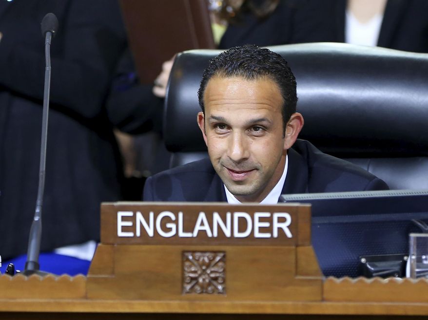 FILE - This May 19, 2015 file photo shows Los Angeles City Council member Mitchell Englander during a Los Angeles City Council meeting in Los Angeles. Englander, who resigned in December, 2018, has been indicted on charges that he obstructed an investigation into whether he took thousands of dollars, female escort services and other gifts from a businessman involved in major developments, the U.S. Attorney's Office said Monday, March 9, 2020. Englander, 49, surrendered to FBI agents Monday morning to face arraignment. (AP Photo/Damian Dovarganes, File)