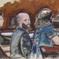 In this courtroom sketch Joshua Schulte, center, is seated at the defense table flanked by his attorneys during jury deliberations, Wednesday March 4, 2020, in New York. (Elizabeth Williams via AP)