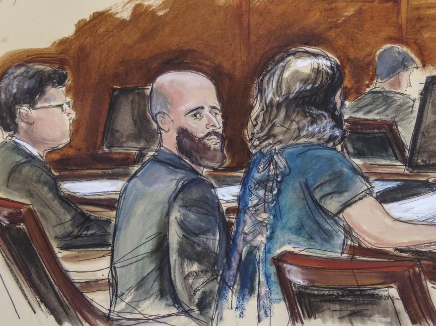 In this courtroom sketch Joshua Schulte, center, is seated at the defense table flanked by his attorneys during jury deliberations, Wednesday March 4, 2020, in New York. (Elizabeth Williams via AP)
