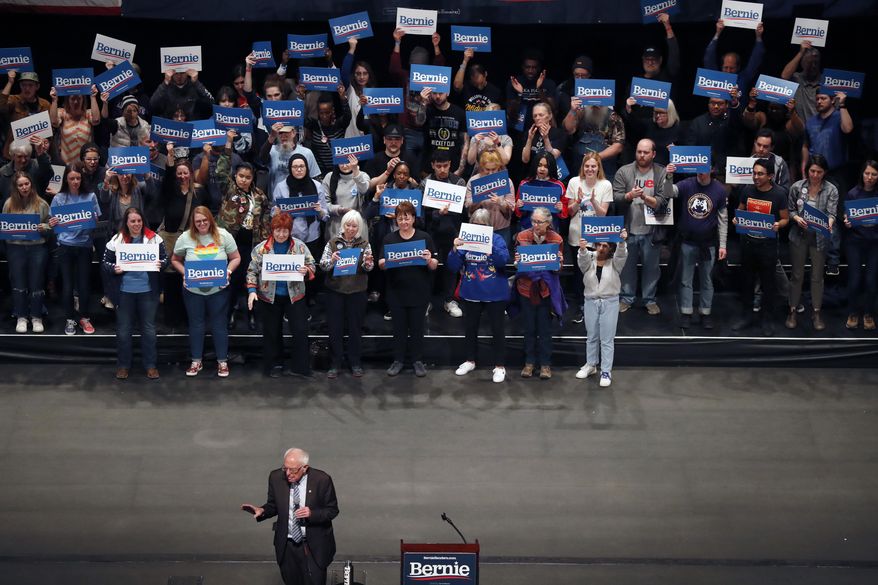 Democratic presidential candidate Sen. Bernie Sanders, I-Vt., speaks during a campaign rally Monday, March 9, 2020, in St. Louis. (AP Photo/Jeff Roberson)