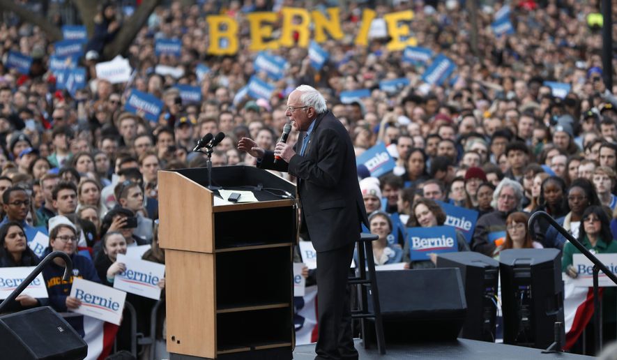 Democratic presidential candidate U.S. Sen. Bernie Sanders, I-Vt., speaks during a campaign rally at the University of Michigan in Ann Arbor, Mich., Sunday, March 8, 2020. (AP Photo/Paul Sancya)