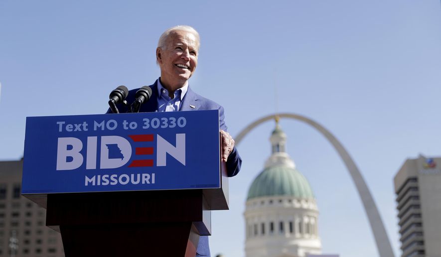 Democratic presidential candidate former Vice President Joe Biden speaks during a campaign rally Saturday, March 7, 2020, in St. Louis. (AP Photo/Jeff Roberson)