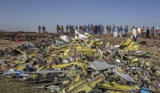 FILE - In this March 11, 2019, file photo, wreckage is piled at the crash scene of Ethiopian Airlines flight ET302 near Bishoftu, Ethiopia. The year since the crash of an Ethiopian Airlines Boeing 737 Max has been a journey through grief, anger and determination for the families of those who died, as well as having far-reaching consequences for the aeronautics industry as it brought about the grounding of all Boeing 737 Max 8 and 9 jets, which remain out of service. (AP Photo/Mulugeta Ayene, File)