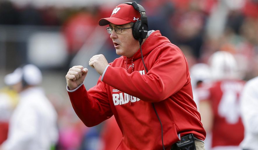 FILE - In this Oct. 12, 2019, file photo, Wisconsin head coach Paul Chryst gestures during the first half of an NCAA college football game in Madison, Wis. Wisconsin will head into spring practice with plenty of questions as the Badgers attempt to replace their top playmakers from a team that reached the Rose Bowl last season. (AP Photo/Andy Manis, File)