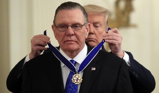 In this file photo, President Donald Trump presents the Presidential Medal of Freedom to former Vice Chief of Staff Army Gen. Jack Keane in the East Room of the White House in Washington, Tuesday, March 10, 2020. (AP Photo/Manuel Balce Ceneta)  **FILE**