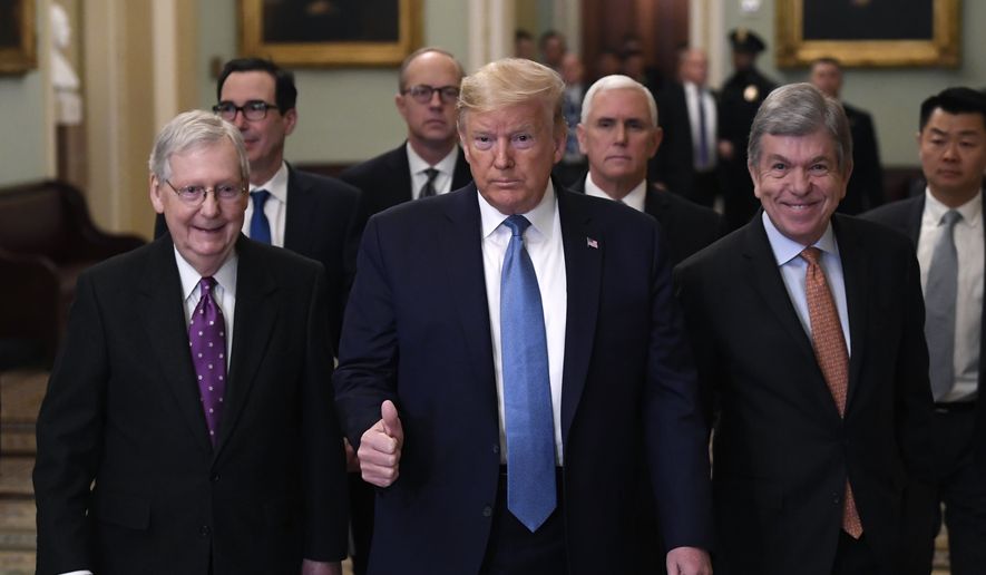 President Donald Trump gives a thumbs up as he walks with Senate Majority Leader Mitch McConnell of Ky., left, Treasury Secretary Steven Mnuchin, second from left, Vice President Mike Pence, and Sen. Roy Blunt, R-Mo., right, on Capitol Hill in Washington, Tuesday, March 10, 2020. (AP Photo/Susan Walsh)
