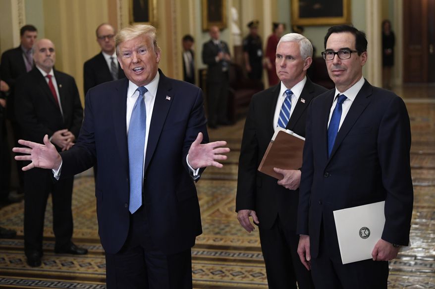 President Donald Trump, left, standing with Vice President Mike Pence and Treasury Secretary Steven Mnuchin, right, talks to reporters about the coronavirus outbreak on Tuesday, March 10, 2020, on Capitol Hill in Washington. (AP Photo/Susan Walsh)