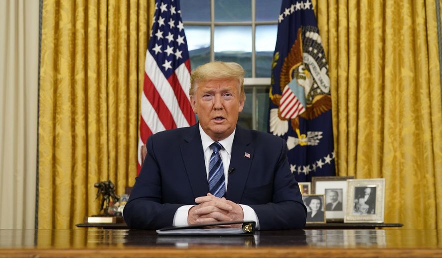 President Donald Trump speaks in an addresses to the nation from the Oval Office at the White House about the coronavirus Wednesday, March, 11, 2020, in Washington. (Doug Mills/The New York Times via AP, Pool)