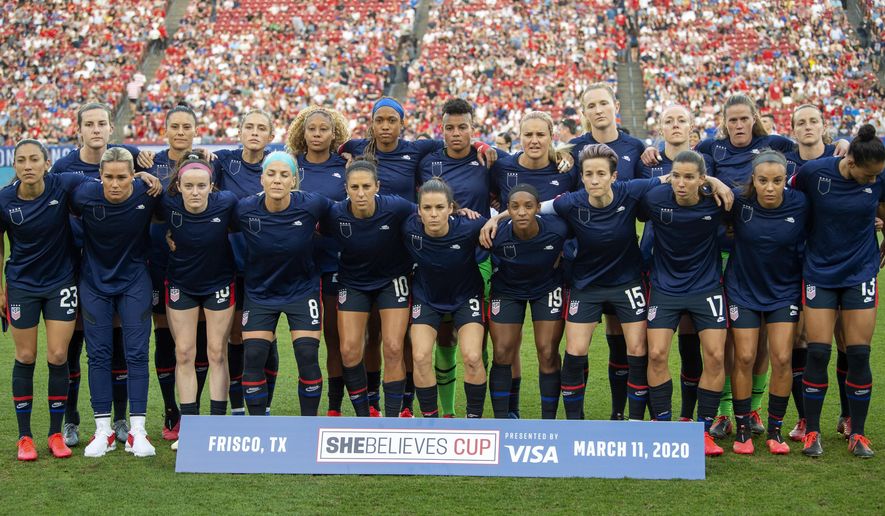 The United States Women&#39;s National Team poses for a team photo before a SheBelieves Cup women&#39;s soccer match against Japan, Wednesday, March 11, 2020 at Toyota Stadium in Frisco, Texas. (AP Photo/Jeffrey McWhorter)
