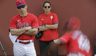 Philadelphia Phillies manager Joe Girardi watches pitchers in the bullpen during a spring training baseball workout Friday, Feb. 14, 2020, in Clearwater, Fla. (AP Photo/Frank Franklin II)