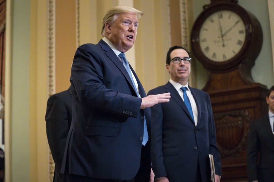 Treasury Secretary Steven Mnuchin listens as President Donald Trump talks to reporters after meeting with Republican lawmakers on Capitol Hill, Tuesday, March 10, 2020, in Washington. (AP Photo/Evan Vucci)