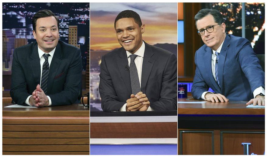 This combination of photos show, from left, host Jimmy Fallon on the set of &amp;quot;The Tonight Show with Jimmy Fallon,&amp;quot; on Feb. 3, 2020, from left, host Trevor Noah on the set of &amp;quot;The Daily Show with Trevor Noah and host Stephen Colbert on the set of &amp;quot;The Late Show with Stephen Colbert on Jan. 30, 2020. The late night talk shows announced that they will tape their shows without studio audiences due to the new coronavirus. For most people, the new coronavirus causes only mild or moderate symptoms. For some it can cause more severe illness. (Andrew Lipovsky/NBC, from left, Sean Gallagher/Comedy Central, Scott Kowalchyk/CBS via AP)