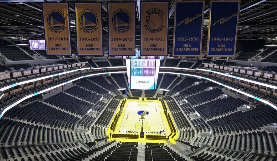 FILE - In this Aug. 26, 2019, file photo, the Golden State Warriors championship banners hang above the seating and basketball court at the Chase Center in San Francisco. The Warriors will play the Brooklyn Nets at home Thursday night, March 12, 2020, in the first NBA game without fans since the outbreak of the coronavirus. (AP Photo/Eric Risberg, File)