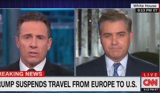 CNN&#39;s Jim Acosta claims that President Trump&#39;s speech on the coronavirus will &quot;smack of xenaphobia&quot; for discussing its origins, March 12, 2020. (Image: CNN video screenshot)