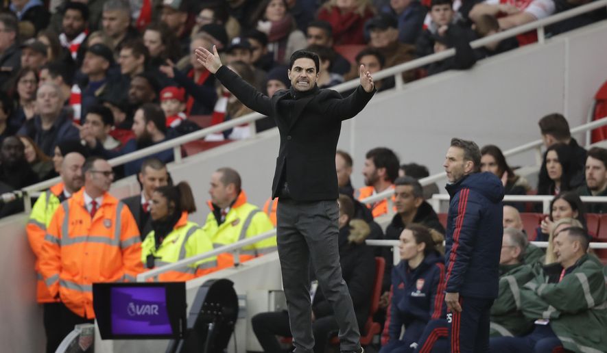 Arsenal's head coach Mikel Arteta reacts during the Premier League soccer match between Arsenal and West Ham at the Emirates Stadium in London, Saturday, March 7, 2020. Arsenal won 1-0. (AP Photo/Matt Dunham)