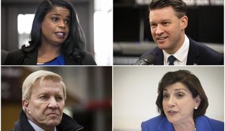 This combination of photos shows from clockwise from top left, candidates for Cook County State&#39;s Attorney Democrats Kim Foxx, Bill Conway, Donna More and Bob Fioretti. Foxx, the Chicago area&#39;s top prosecutor is trying to convince voters of her criminal justice reform record as she faces continued questions about her handling of actor Jussie Smollett&#39;s case. (Ashlee Rezin Garcia, Rich Hein/Chicago Sun-Times via AP)