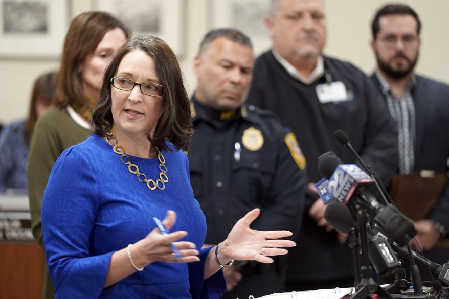 Pittsfield Mayor Linda Tyer outlines a plan for the city government to operate during the COVID-19 crisis, Pittsfield City Hall, Thursday, March 12, 2020. (Ben Garver/The Berkshire Eagle via AP)/