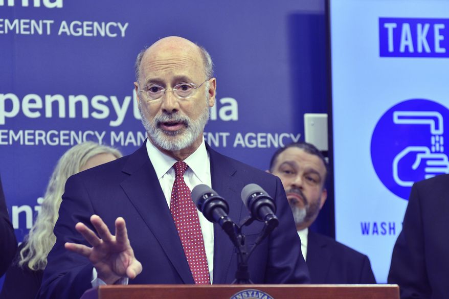 Gov. Tom Wolf of Pennsylvania speaks at a new conference at Pennsylvania Emergency Management Headquarters where he said he was ordering schools and other facilities to close in a suburban Philadelphia county, Montgomery County, that has been hard-hit by the COVID-19, Thursday, March 12, 2020 in Harrisburg, Pa. (AP Photo/Marc Levy)