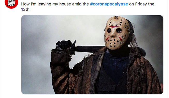 It is not easy to spell, but it appears to fit the moods of the nation at the moment.
#Coronapocalypse is leading the national trends on Twitter, besting even #Friday13 as the favorite social media reference of the day. (Image grab from Washington Times, via Twitter(
