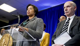 District of Columbia Mayor Muriel Bowser, accompanied by DC Council Chairman Phil Mendelson, right, speaks at a news conference on city updates in response to the coronavirus at the University of the District of Columbia Community College, Friday, March 13, 2020, in Washington. (AP Photo/Andrew Harnik) **FILE**