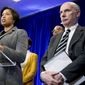 District of Columbia Mayor Muriel Bowser, accompanied by DC Council Chairman Phil Mendelson, right, speaks at a news conference on city updates in response to the coronavirus at the University of the District of Columbia Community College, Friday, March 13, 2020, in Washington. (AP Photo/Andrew Harnik) **FILE**