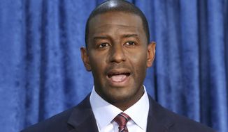 In this Nov. 10, 2018, photo, Andrew Gillum, the Democrat candidate for governor, speaks at a news conference in Tallahassee, Fla. Gillum is named in a police report Friday, March 13, 2020  saying he was “inebriated&amp;quot; and initially unresponsive in a hotel room where authorities found baggies of suspected crystal methamphetamine. Gillum, the former Tallahassee mayor who ran for governor in 2018, is not charged with any crime. The Miami Beach police report says that Gillum was allowed to leave the hotel for home after he was checked out medically.  (AP Photo/Steve Cannon) **FILE**