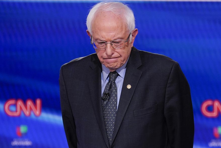 Sen. Bernie Sanders, I-Vt., participates in a Democratic presidential primary debate at CNN Studios in Washington, Sunday, March 15, 2020. (AP Photo/Evan Vucci)