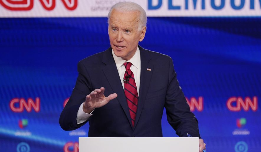 Vice President Joe Biden, participates in a Democratic presidential primary debate at CNN Studios, Sunday, March 15, 2020, in Washington. (AP Photo/Evan Vucci)